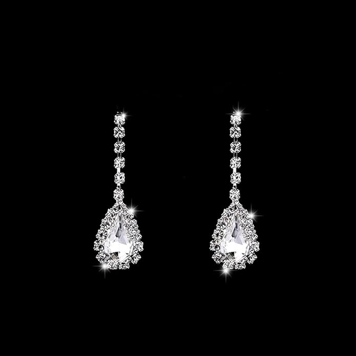 Bride Silver Necklace Earrings Set Rhinestone