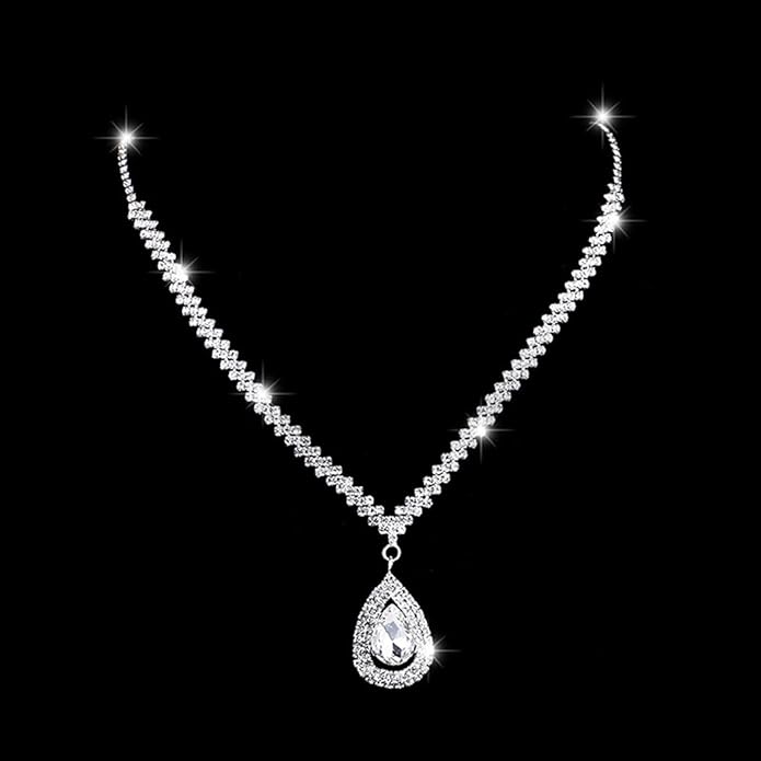 Bride Silver Necklace Earrings Set Rhinestone Wedding Jewelry