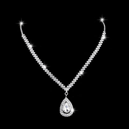 Bride Silver Necklace Earrings Set Rhinestone Wedding Jewelry