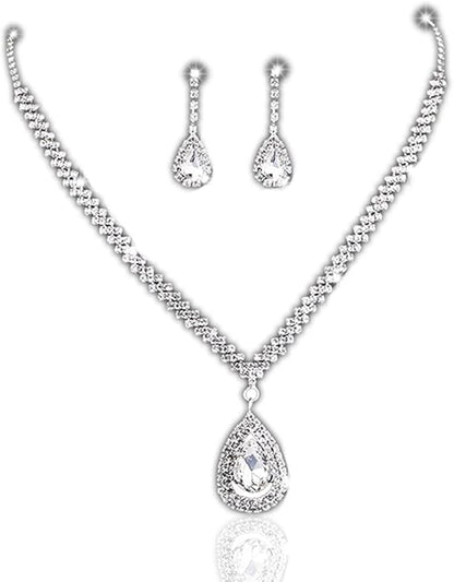 Bride Silver Necklace Earrings Set Rhinestone Wedding Jewelry