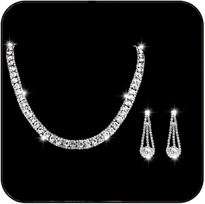 Yean Bride Silver Necklace Earrings Set Rhinestone Bridal