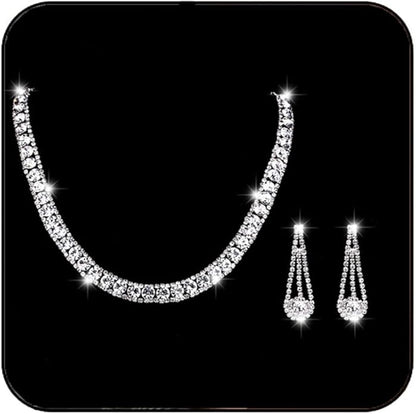 Yean Bride Silver Necklace Earrings Set Rhinestone Bridal