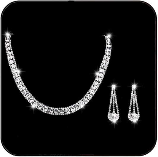 Yean Bride Silver Necklace Earrings Set Rhinestone Bridal