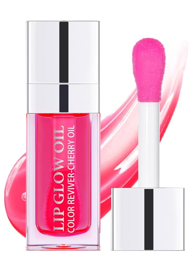 Hydrating Lip Glow Oil, Moisturizing Lip Gloss, Plumping Lip Oil, Non-Sticky Long Lasting Lip Oil Gloss, Transparent Lip Oil Tinted, Reduce lip lines (Cherry)