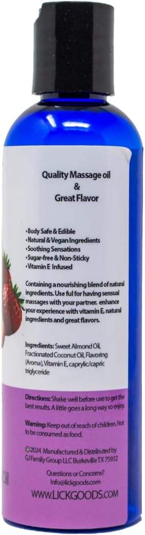 Lick Strawberries and Cream Flavored Massage Oil – Romantic, Body Safe, Non-Greasy Formula, Date Night 4 oz