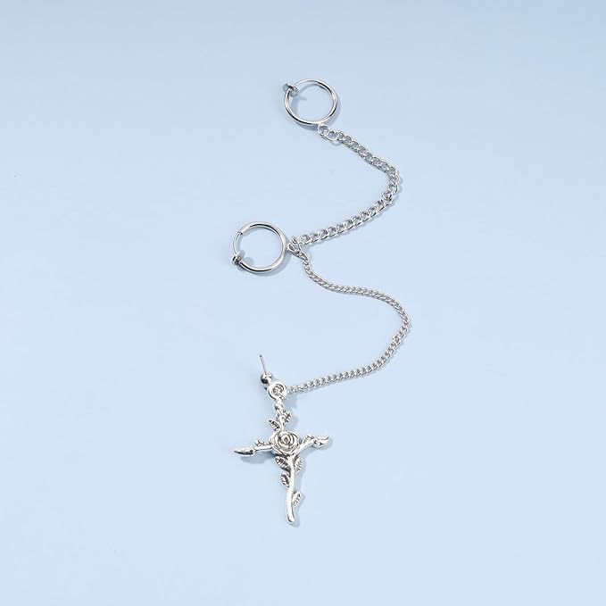 Cross Chain Cuff Earrings Silver Cross Dangle Chain