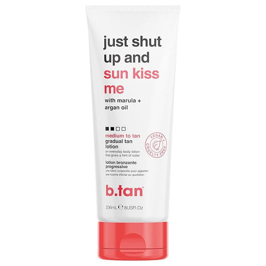 b.tan Medium Gradual Self Tanning Lotion | Just Shut Up and Sun Kiss Me Everyday Glow Lotion - Develop a Bronzed Glow, Infused With Marula + Argan Oil, Vegan, Cruelty & Paraben Free, 236ml