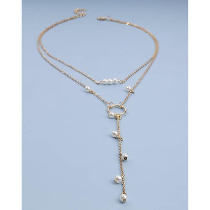 Boho Circle Pearl Lariat Necklace Gold Long Lariat