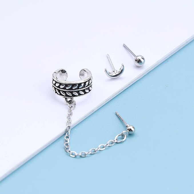 Bohemia Moon Cuff Chain Earrings Silver Chain Climber