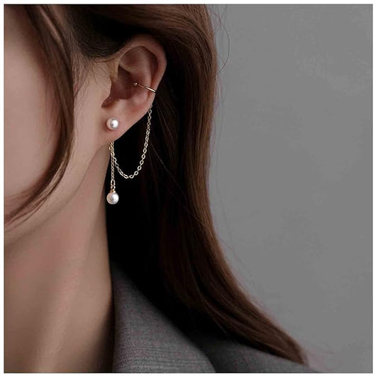 Vintage Pearl Cuff Chain Earrings Gold