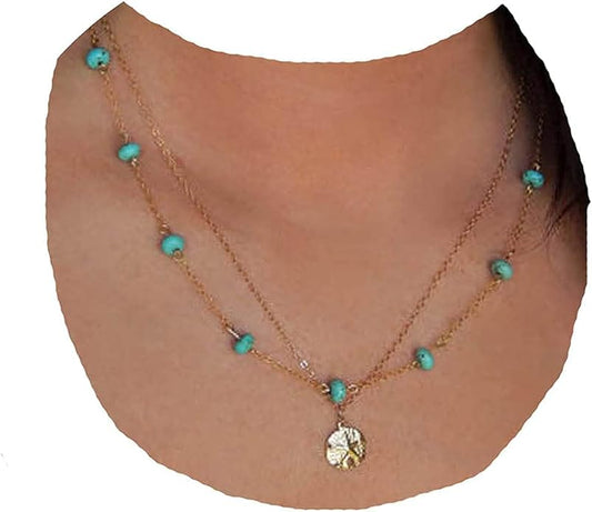 Boho Layered Coin Turquoise Necklace Gold Hammered Coin