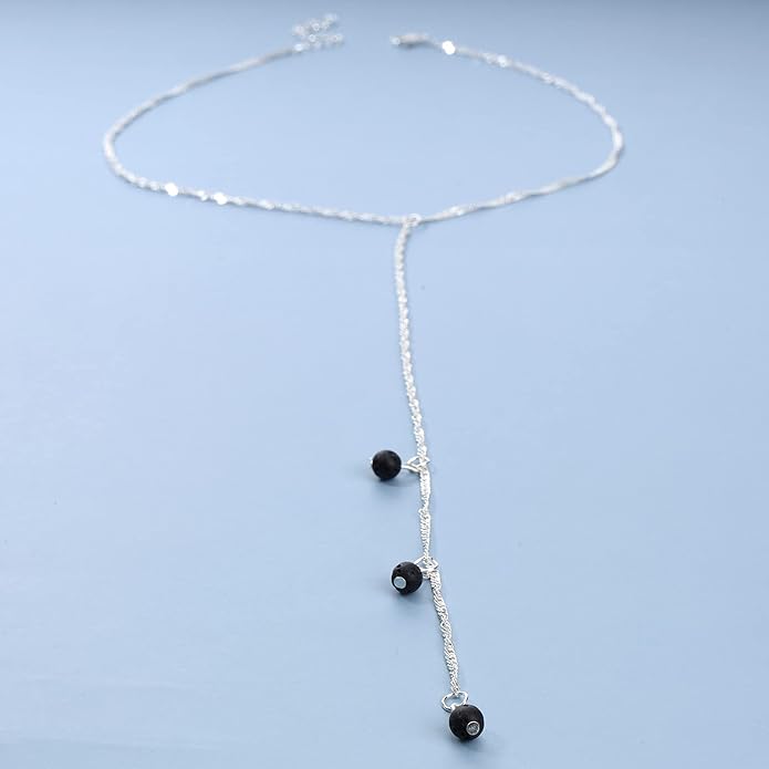 Boho Layered Lava Bead Necklace Silver