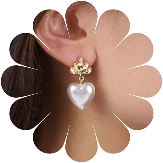 Vintage Pearl Heart Drop Earrings Gold Leaf Pearl