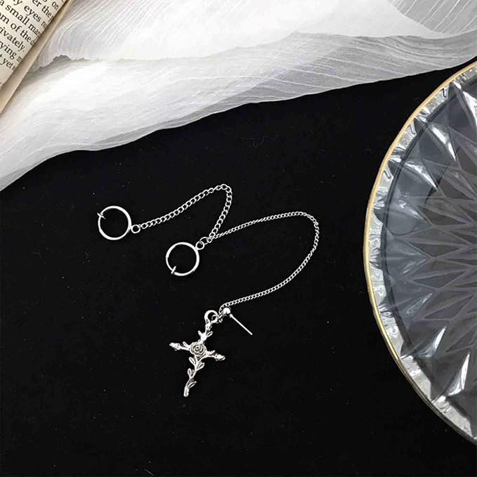 Cross Chain Cuff Earrings Silver Cross Dangle Chain