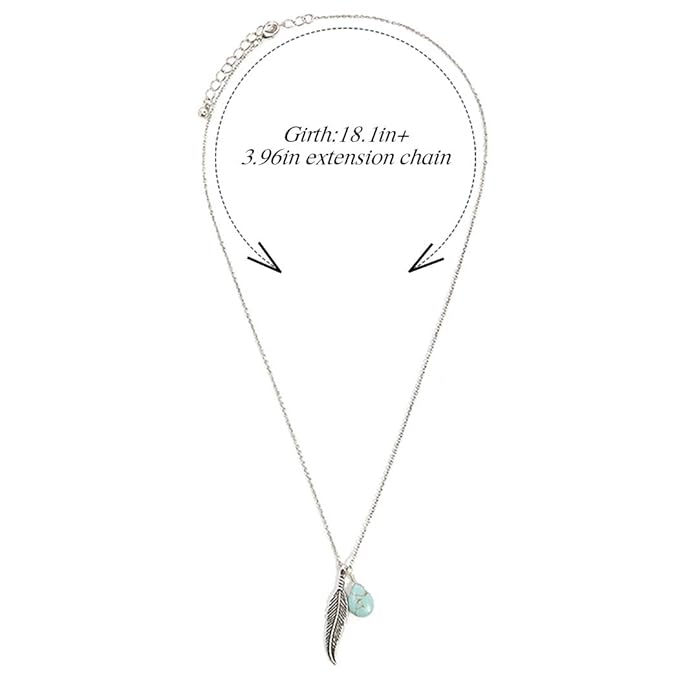 Boho Turquoise Necklaces Silver Feather Pendant Necklace Chain