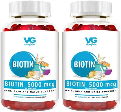 VitaGlobe Biotin 5000mcg Gummy - Mixed Berry Gummy for Hair, Skin & Nails, 80 Count (Pack of 2)