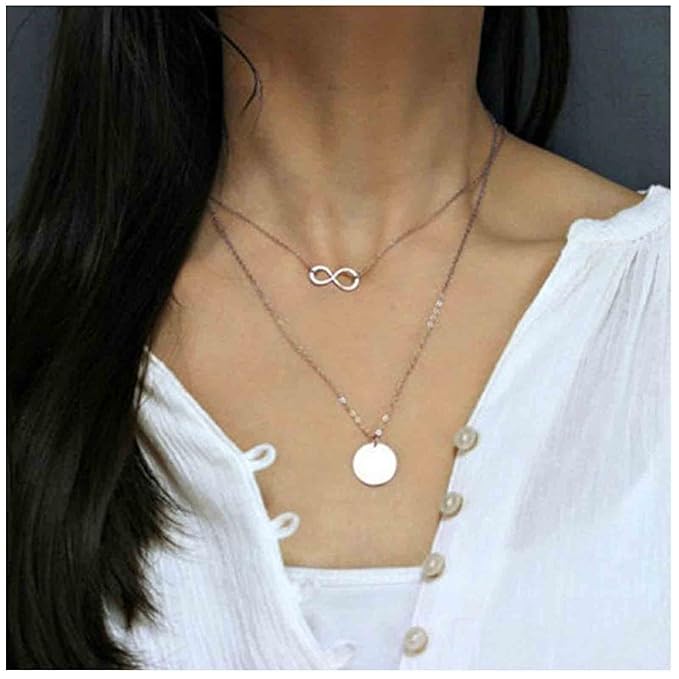 Boho Layered Infinity Coin Necklace Choker Silver Disc