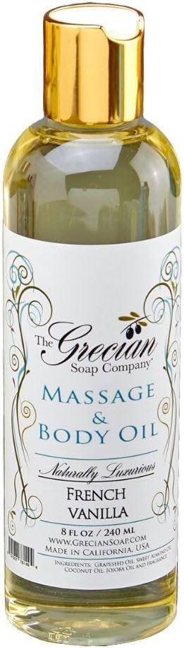 Grecian Massage and Body Oil - Moisturizing Body Oil in French Vanilla, Best Body Oil, Body Oils for Massage, Home Use, or Spas, Natural Body Oil, Body Oil for Dry Skin, 8 oz