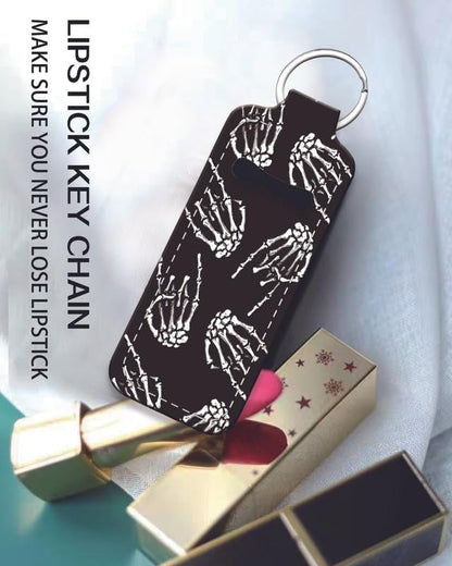 Chapstick Holder Keychain Holder Neoprene Lip Balm Lipstick Lip Gloss Holder Travel Accessory for Girls Women Gift(Skeleton Skull Hand)
