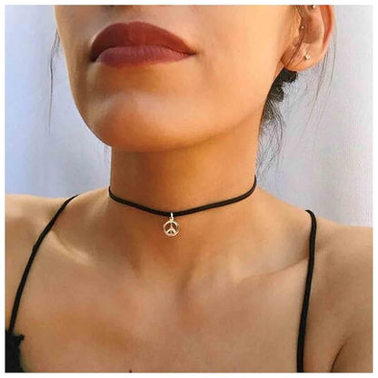 Boho Peace Choker Necklace Black Cord Circle Necklace