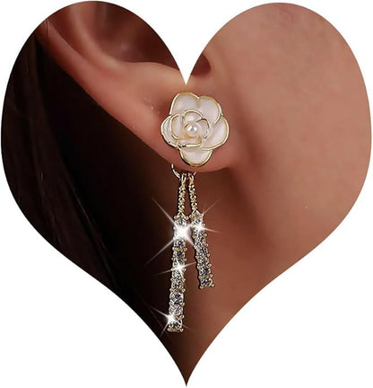 Vintage Crystal Flower Drop Earrings Pearl