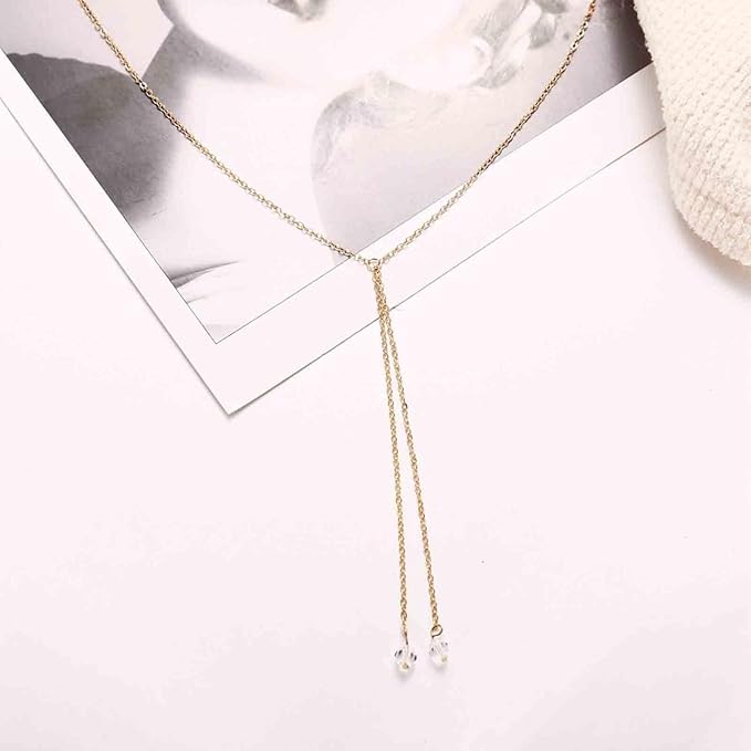 Boho Crystal Drop Necklace Gold Crystal Tassel Y