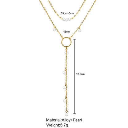 Boho Circle Pearl Lariat Necklace Gold Long Lariat