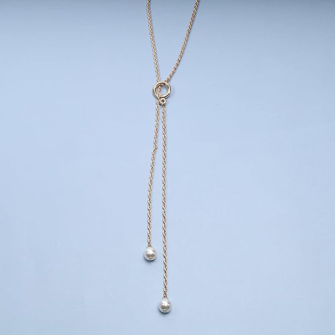 Boho Pearl Lariat Necklace Gold Chunky Chain Y
