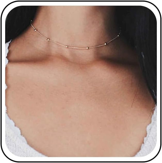 Boho Thin Beaded Choker Necklace Gold