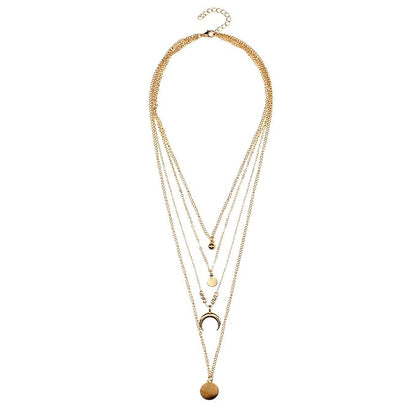 Bohemia Layered Coin Choker Necklace Moon Crescent Pendant