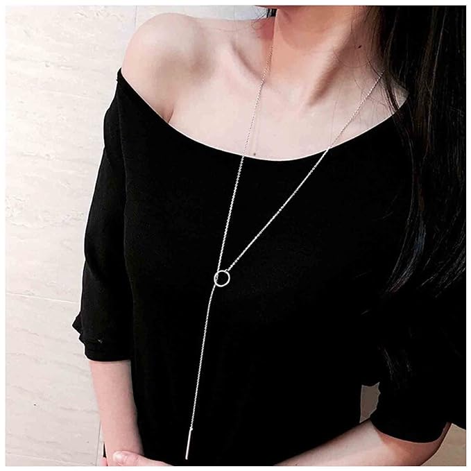 Boho Circle Bar Lariat Necklace Silver Drop Bar