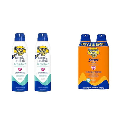 Banana Boat Mineral Enriched Sensitive Skin Sunscreen Spray SPF 50 Twin Pack and Sport Ultra Sunscreen Spray SPF 50 Twin Pack