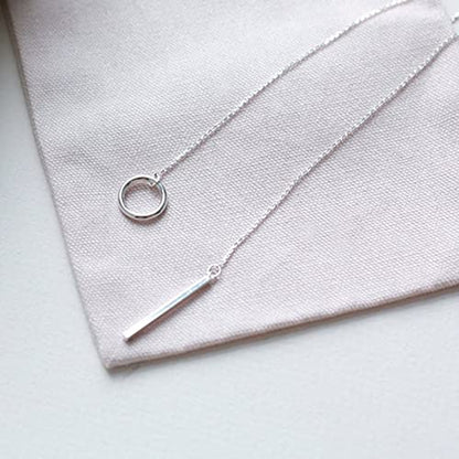 Boho Circle Bar Lariat Necklace Silver Drop Bar