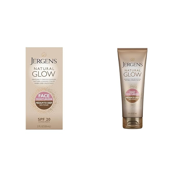 Jergens Natural Glow Self Tanner Face Moisturizer, SPF 20 Facial Sunscreen & Natural Glow Self Tanner Lotion, Daily Sunless Fake Tanning, Medium to Deep Skin Tone