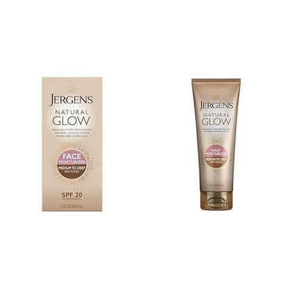 Jergens Natural Glow Self Tanner Face Moisturizer, SPF 20 Facial Sunscreen & Natural Glow Self Tanner Lotion, Daily Sunless Fake Tanning, Medium to Deep Skin Tone
