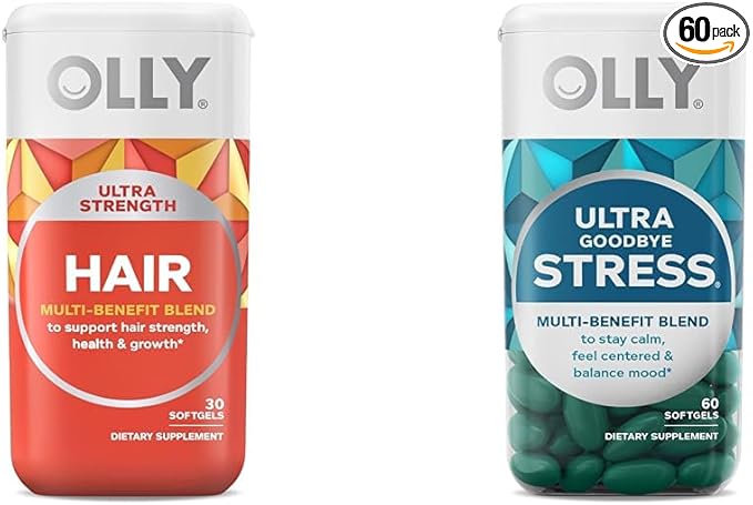 OLLY Ultra Strength Hair Softgels, Supports Hair Health, Biotin, Keratin, Vitamin D, B12 & Ultra Strength Goodbye Stress Softgels, GABA, Ashwagandha, L-Theanine and Lemon Balm