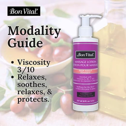 Bon Vital' Deep Tissue Massage Lotion for Deep Tissue Massages and Muscle Relaxation, Moisturizer Leaves No Greasy Feeling, Penetrates Deeply to Repair and Soften Skin, 8 Oz, Label May Vary