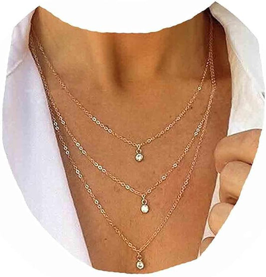 Boho Layered Crystal Necklace Gold Rhinestone