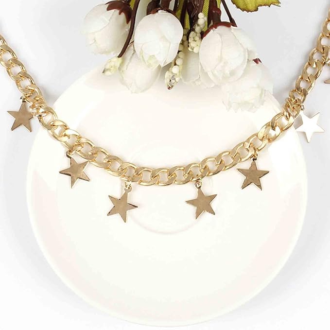 Boho Star Dangle Choker Necklace Gold Chunky Curb