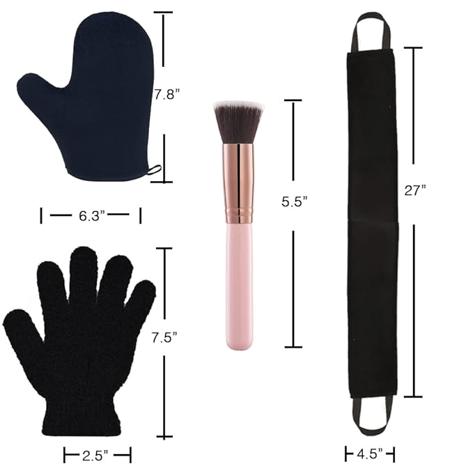 4 Pack Self Tanning Mitt Applicator Kit, with Self Tanner Mitt, Self Tan Back Applicator, Exfoliating Glove, Flat Top Face Tanner Brush, Tan mit for Self Sunless Tanner (black)