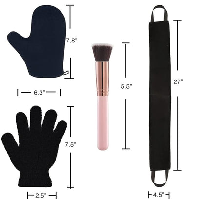 4 Pack Self Tanning Mitt Applicator Kit, with Self Tanner Mitt, Self Tan Back Applicator, Exfoliating Glove, Flat Top Face Tanner Brush, Tan mit for Self Sunless Tanner (black)