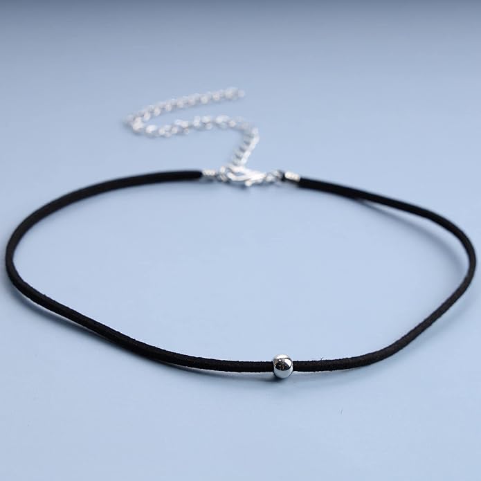 Boho Leather Choker Necklace Thin Black