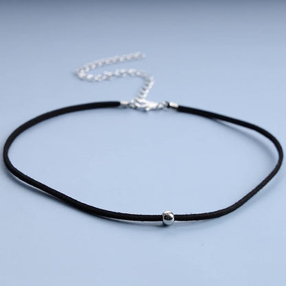 Boho Leather Choker Necklace Thin Black