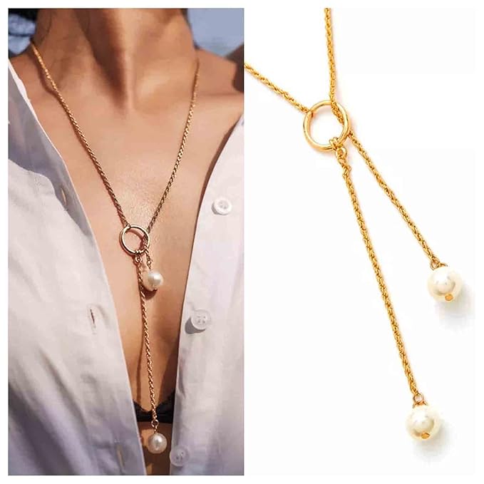 Boho Pearl Lariat Necklace Gold Chunky Chain Y