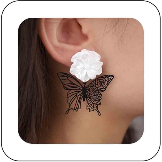 Vintage Black Butterfly Flower Drop Earrings
