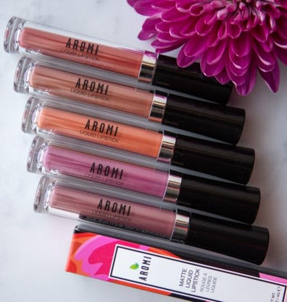 Aromi Medium Pink Matte Liquid Lipstick, Dusty Rose Lip Color, Smudge Proof and Long-lasting Lipstick, Vegan & Cruelty-free Beauty, Day to Night, Handmade (Pink Rosette)