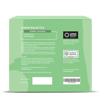HANDPICK Lemon Balm Tea Bags – 100 Count | Caffeine-Free Herbal Tea with Citrus Flavor & Aroma | Pure Lemon Balm Leaves
