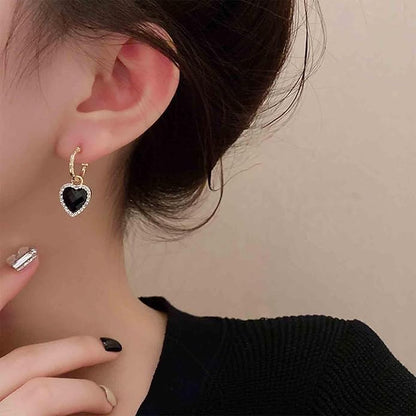 Vintage Crystal Heart Drop Earrings Black Heart Onyx