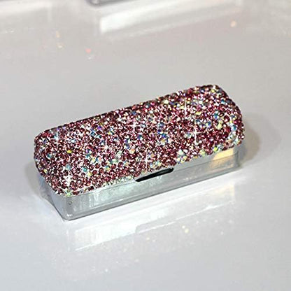 Lipstick Bling Rhinestone Crystal Lipstick Case Storage Organizer Box with Mirror for Women's Lipstick Holder-Cosmetic Storage Kit (Pink)