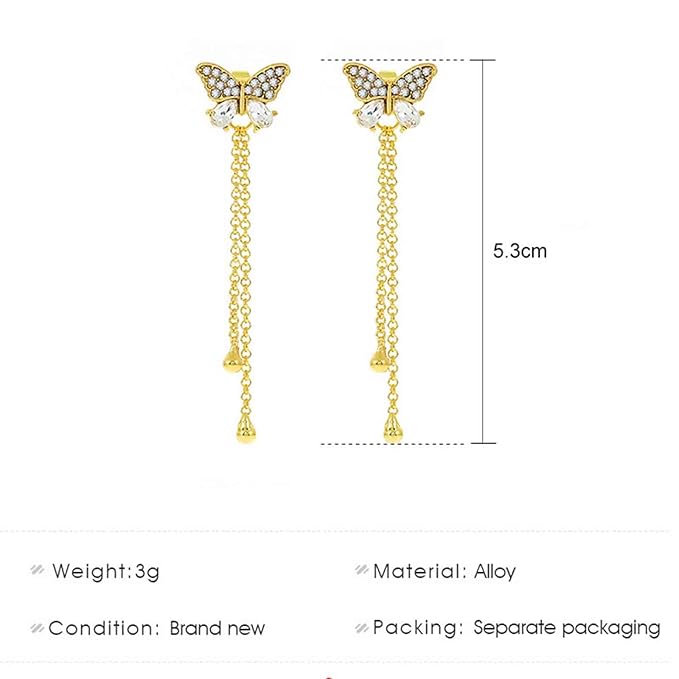 Vintage Crystal Butterfly Stud Earrings Gold Long Chain
